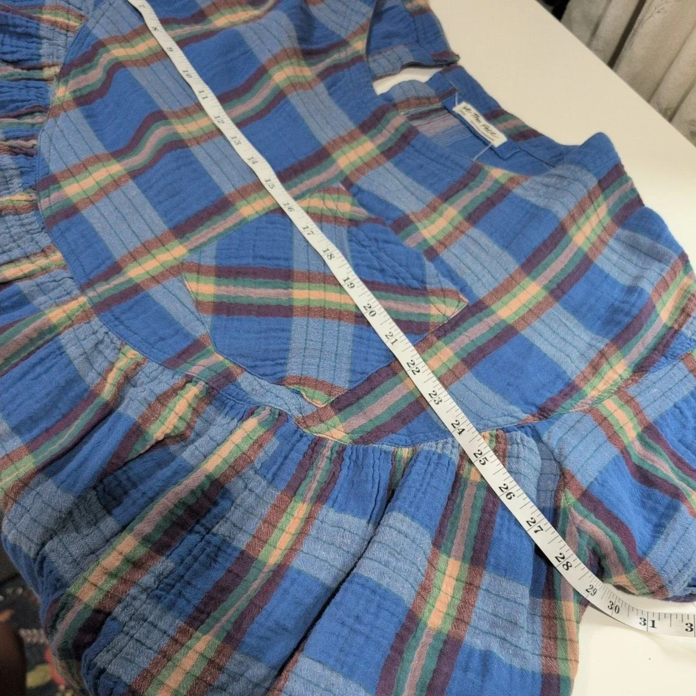We The Free Free People Blue Plaid Cotton Gauze Babydoll Tunic Top Large